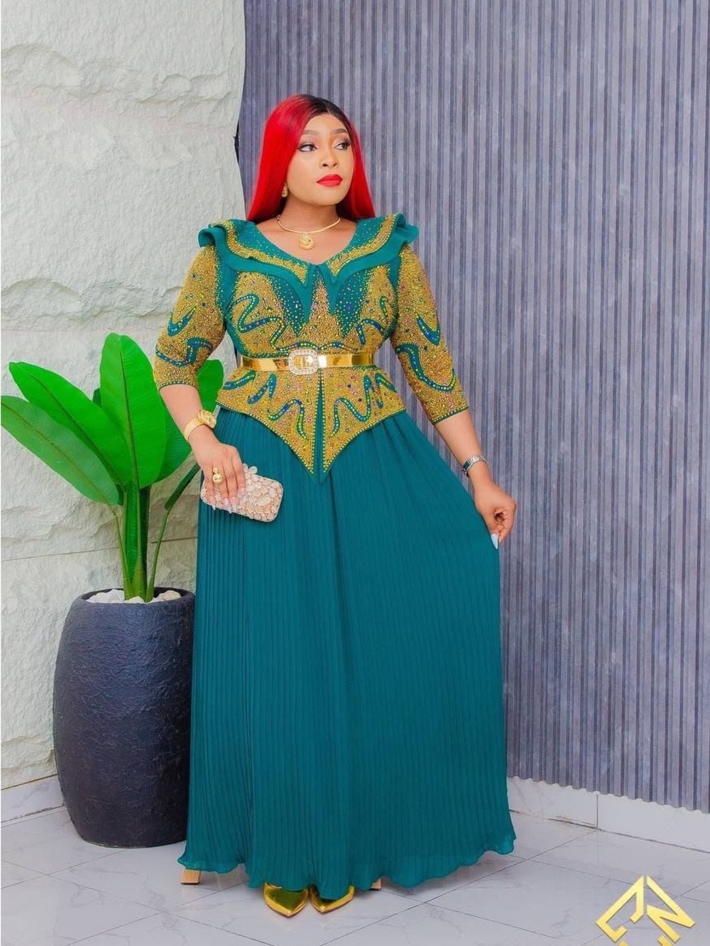 Elegant Teal and Gold Embellished Women's Dress